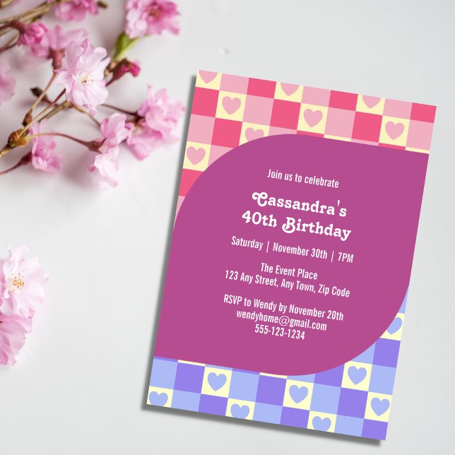 Retro Chequered Heart Bauhaus Purple Blue Birthday Invitation (Creator Uploaded)