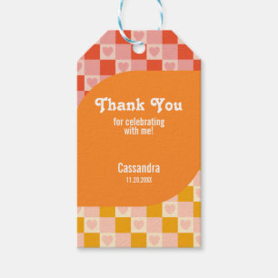 Retro Chequered Heart Bauhaus Red Orange Birthday Gift Tags