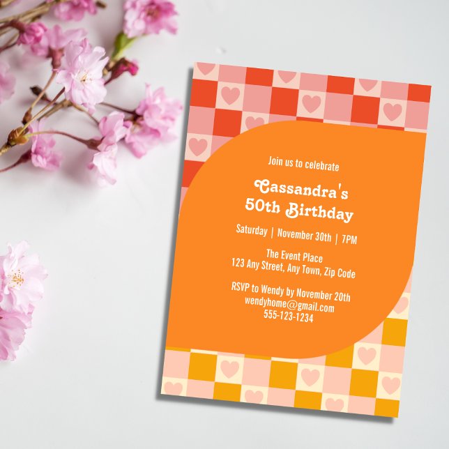 Retro Chequered Heart Bauhaus Red Orange Birthday Invitation (Creator Uploaded)