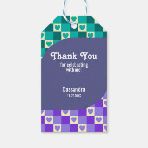Retro Chequered Heart Bauhaus Teal Blue Birthday Gift Tags