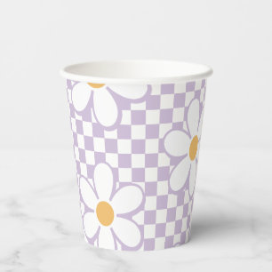 Retro Chequered Lilac Daisy birthday Paper Cups