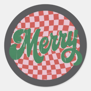 Retro Chequered Merry Christmas  Classic Round Sticker