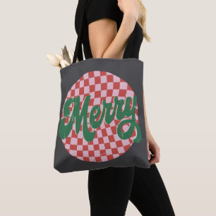 Retro Chequered Merry Christmas  Tote Bag