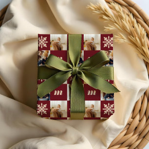 Retro Chequered Pattern Custom Photo Monogram Wrapping Paper