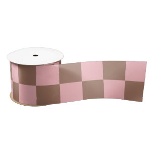 Retro Chequered Pattern Pink and Mocha Brown  Satin Ribbon