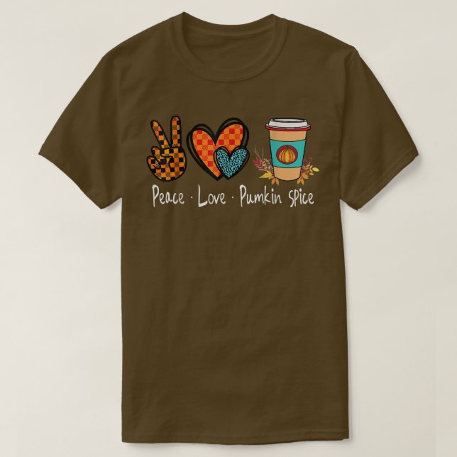 Retro Chequered Peace Love Pumpkin Spice Fall Seas T-Shirt (Design Front)