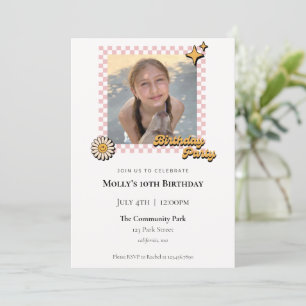 Retro Chequered Photo Birthday Invitation