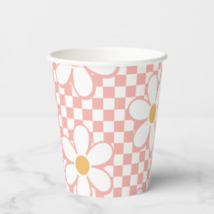 Retro Chequered Pink Daisy birthday Paper Cups