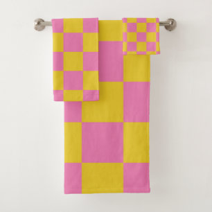 Retro Chequered Pink Yellow  Bath Towel Set