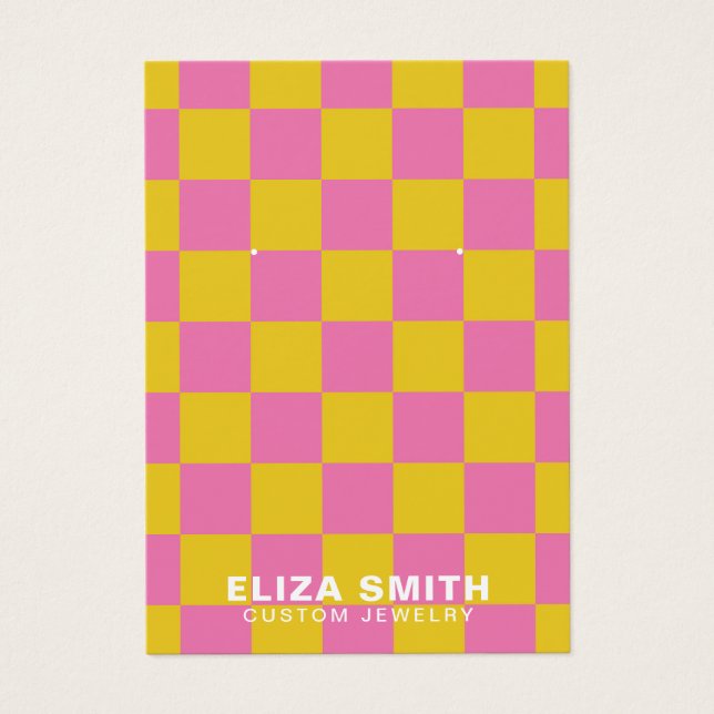 Retro Chequered Pink Yellow Jewellery Display Card (Front)
