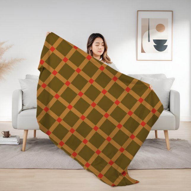 Retro Chequered Plaid Pattern in Brown, Gold, Red Fleece Blanket (Creator Uploaded)