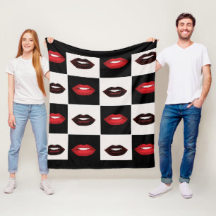 Retro Chequered Red Lips Fleece Blanket