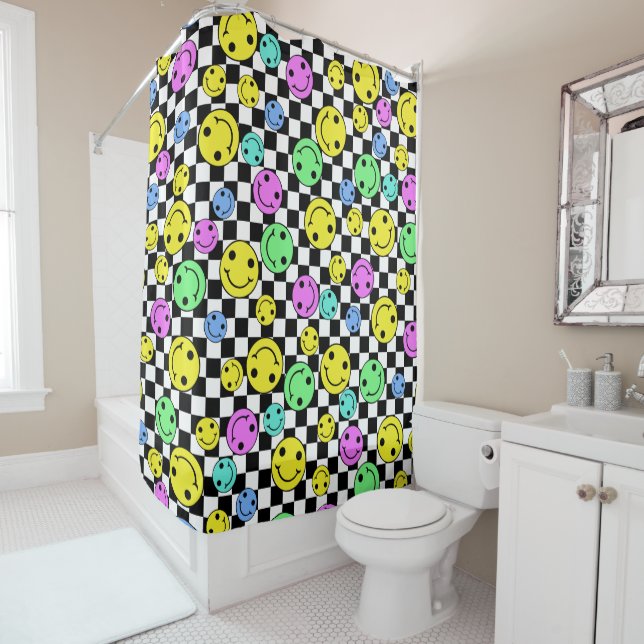 Retro Chequered Smiling Faces Shower Curtain (In Situ)