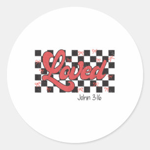 Retro Chequered Varsity Christian Valentines Loved Classic Round Sticker