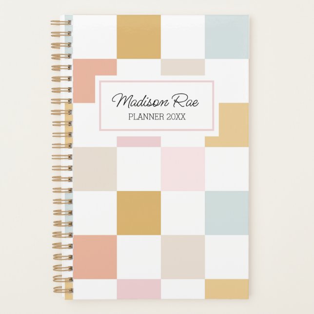 Retro Chequered Vintage Name Monogram Planner (Front)