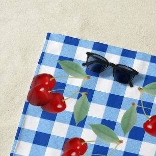 Retro Cherries And Blue Gingham Beach Towel