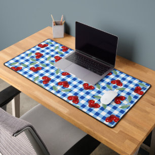 Retro Cherries And Blue Gingham Desk Mat