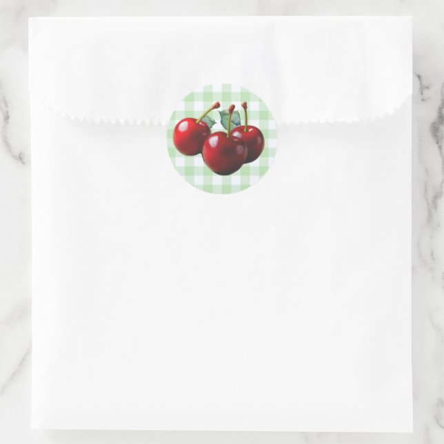 Retro Cherries fresh picked green gingham Classic Round Sticker (Bag)