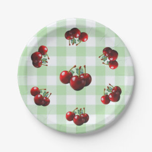 Retro Cherries fresh picked green gingham Paper Plate