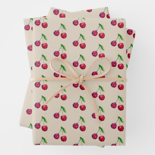 Retro Cherries Packaging Pretty Taupe Christmas Wrapping Paper Sheet