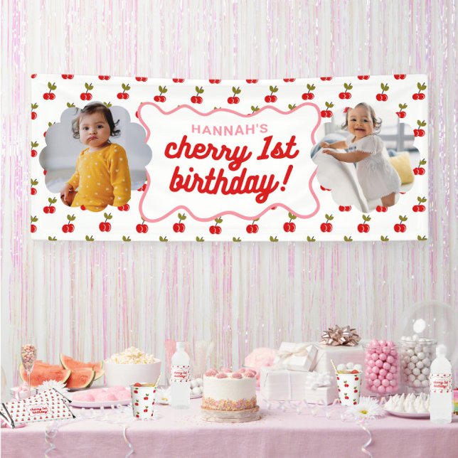 Retro Cherry 1st Birthday Photo Party Banner (Creator Uploaded)