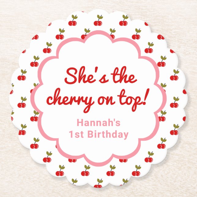 Retro Cherry 1st Birthday Photo Party retro pink Paper Coaster (Front)
