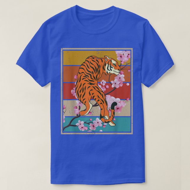 Retro Cherry Blossom Wild Cat Animal Sakura Asian  T-Shirt (Design Front)