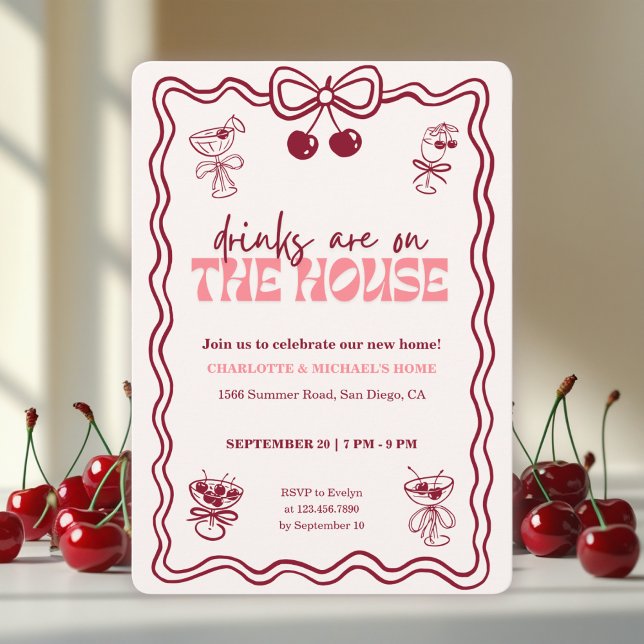 Retro Cherry Cocktail Red Bow Housewarming Party Invitation (Retro Pink Housewarming Invitation – Drinks Are On the House Theme with Cherry & Cocktail Glasses)