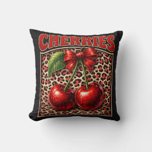 Retro Cherry Coquette Trendy Bow Design on Leopard Cushion