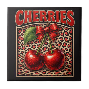 Retro Cherry Coquette Trendy Bow Design on Leopard Tile