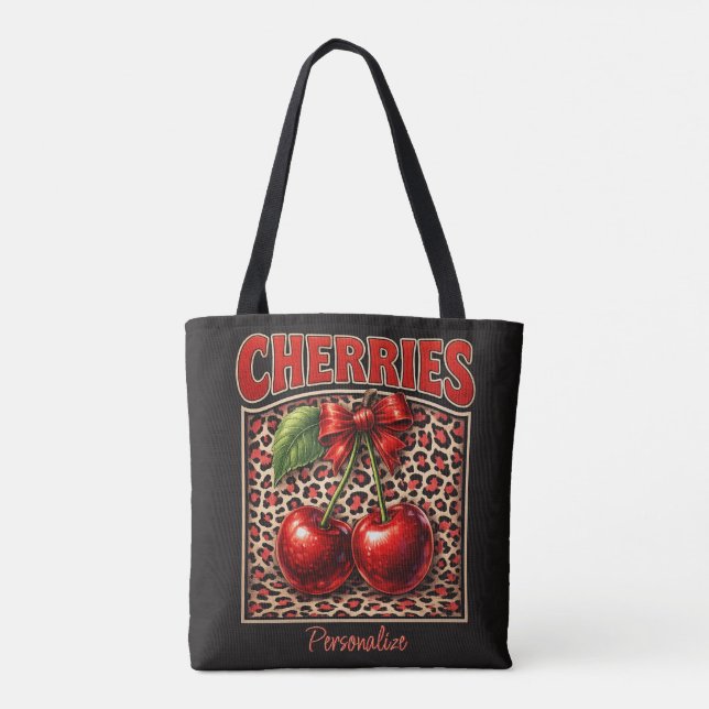 Retro Cherry Coquette Trendy Bow Design on Leopard Tote Bag (Back)