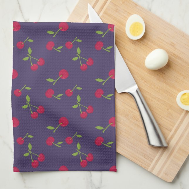 Retro Cherry Cute Farmhouse Purple Tea Towel (Quarter Fold)