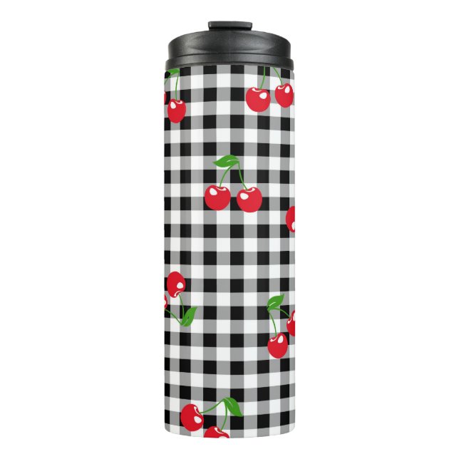 Retro Cherry Gingham Cute Red & Black Chequered  Thermal Tumbler (Front)