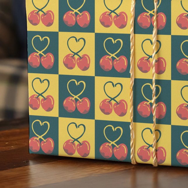 Retro Cherry Heart Shaped Stems Teal Mustard Check Wrapping Paper (Retro cherry wrapping paper with heart-shaped stems in teal and mustard for a midcentury vibe.)