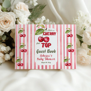 Retro Cherry on Top Pink Stripe Baby Shower Guest Book