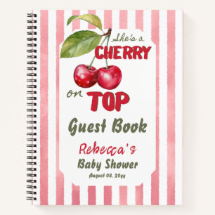 Retro Cherry on Top Pink Stripe Baby Shower Guest Notebook