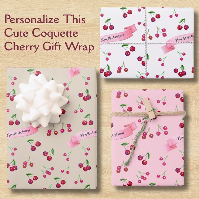 Retro Cherry Pattern Cute Coquette Sweet Treats Wrapping Paper Sheet (This cherry gift wrap features personalization in retro script with my hand-painted cherries art.)