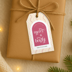 Retro Cherry Pink Red Wavy Stripes Merry Christmas Gift Tags