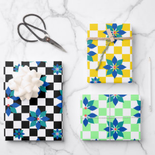 Retro Chess Chequered Pattern blue flowers Wrapping Paper Sheet