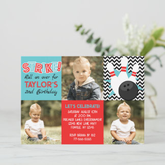 Retro Chevron Bowling 3 Photo Birthday Invitation