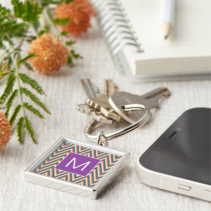 Retro Chevron Pattern Cool Monogram Key Ring