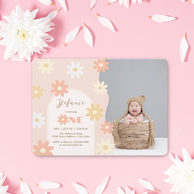 Retro Chic Bohemian Daisy 1st Birthday Baby Photo Invitation (Creator Uploaded)