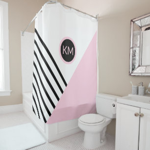 Retro Chic Colour Block Stripes and Monogram Shower Curtain