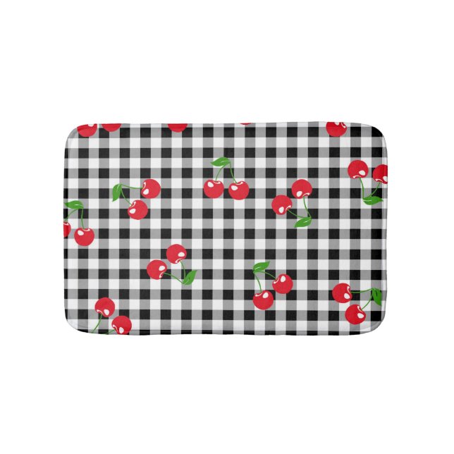 Retro Chic Cute Red Cherry Black & White Gingham  Bath Mat (Front)