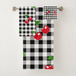 Retro Chic Cute Red Cherry Black & White Gingham Bath Towel Set