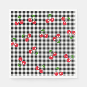 Retro Chic Cute Red Cherry Black & White Gingham Napkin