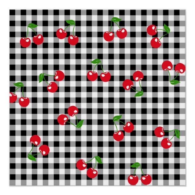 Retro Chic Cute Red Cherry Black White Gingham  Poster (Front)