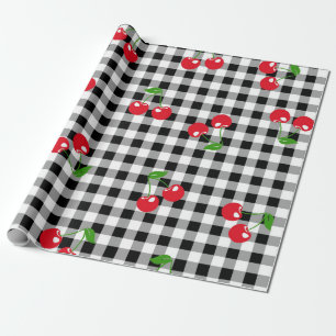 Retro Chic Cute Red Cherry Black & White Gingham  Wrapping Paper