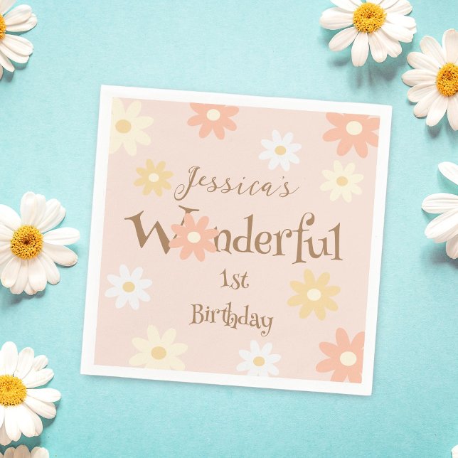 Retro Chic Daisy Flowers Cute Onederful Birthday Napkin (Creator Uploaded)