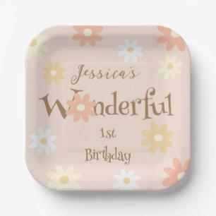 Retro Chic Daisy Flowers Cute Onederful Birthday Paper Plate
